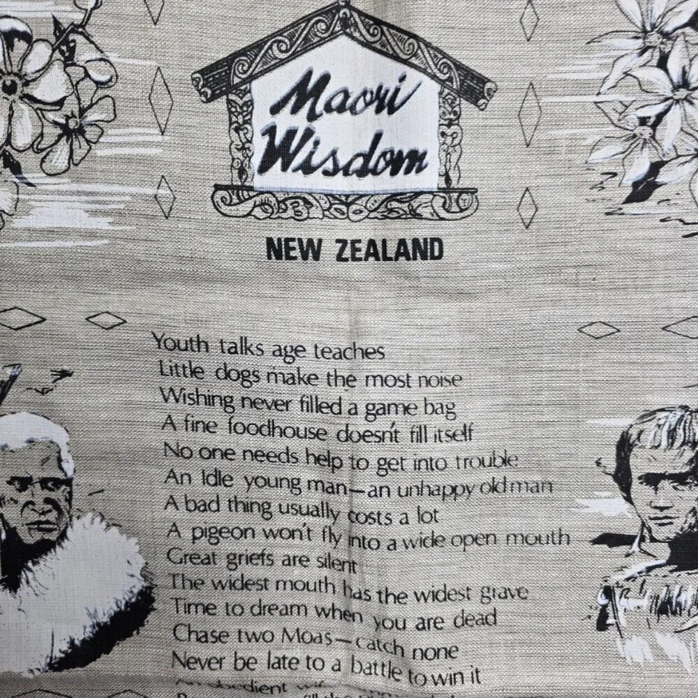 Vtg Maori Wisdom Proverbs Natural Flax Linen Tea Hand Towel New Zealand 19 x 29